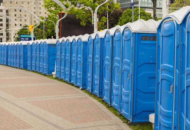 a row of portable restrooms at an outdoor special event, ready for use in Needham Heights